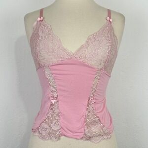 Womens Y2k Fairy Babydoll Coquette Cami Sz M Lace Bows Pink Kawaii Balletcore
